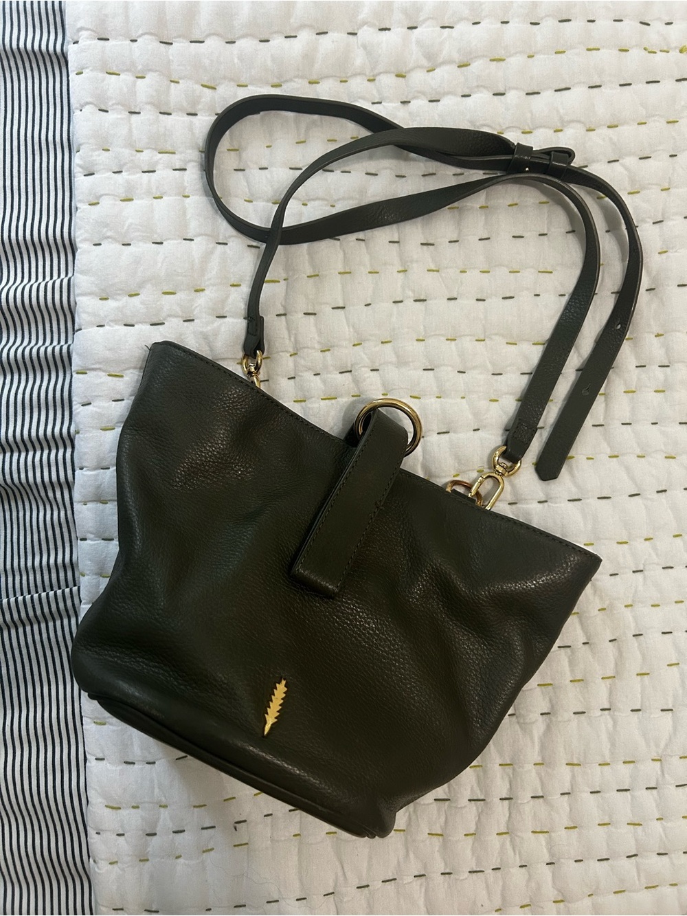 Thacker New York Leather Crossbody Bag in Dark Olive Green with Gold Accent